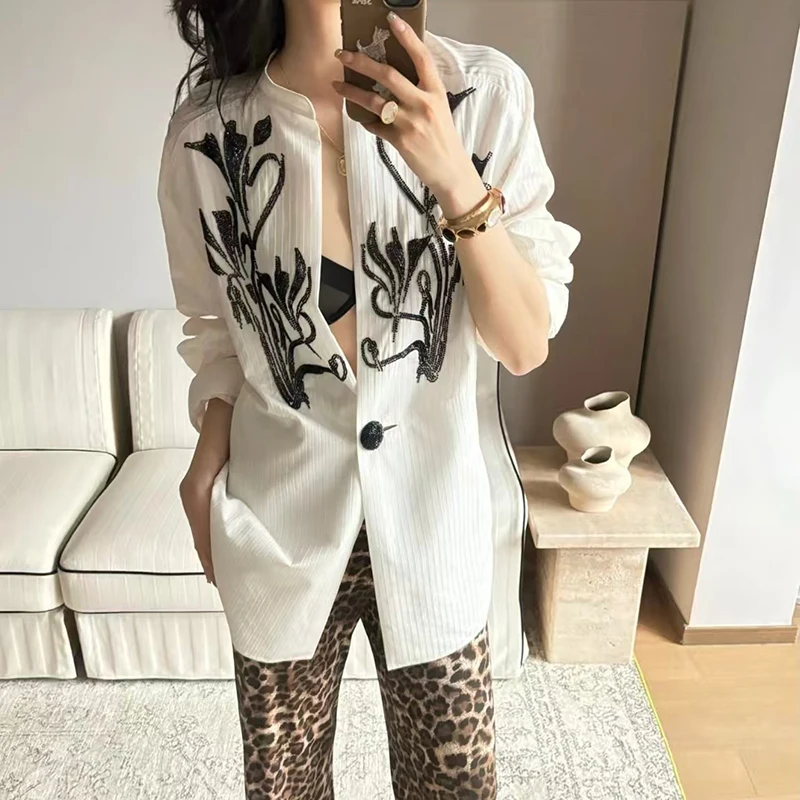 

Белая полосатая рубашка для похудения в стиле ретро с вышивкой и воротником-стойкой, милый и молодежный, универсальный топ с длинными рукавами