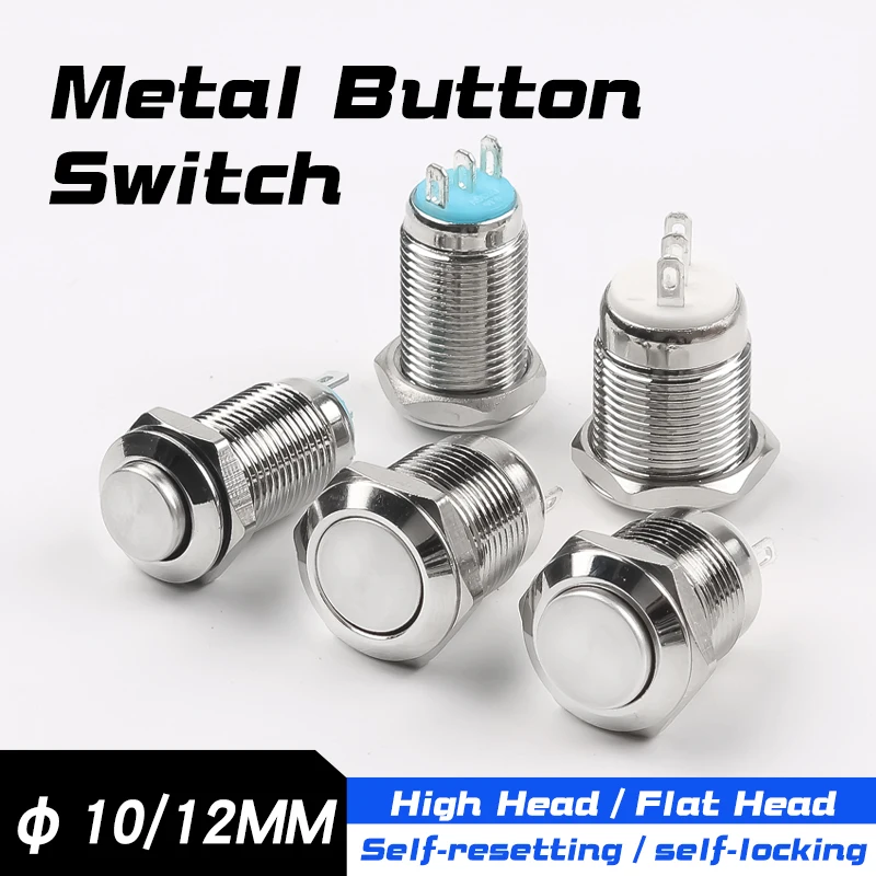 10mm/12mm Metal Push Button Switch No LED High Head Flat Head Momentary Latching 3Pin 1NO 1NC Waterproof
