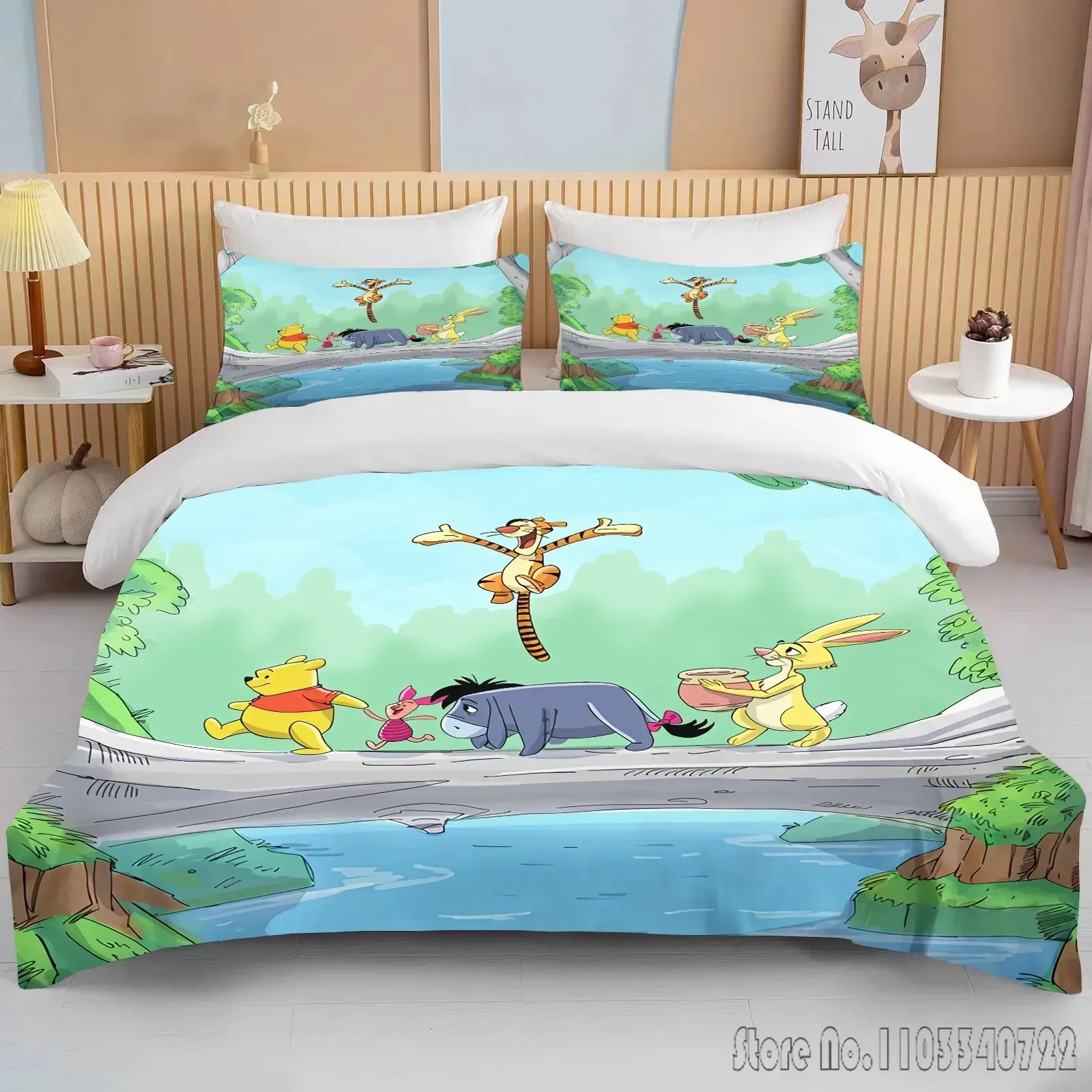 Disney Winnie The Pooh Printed Bedding Set Duvet Cover Anime Quilt Adult Kids Birthday Gift Full Size Bed Sheets and Pillowcases