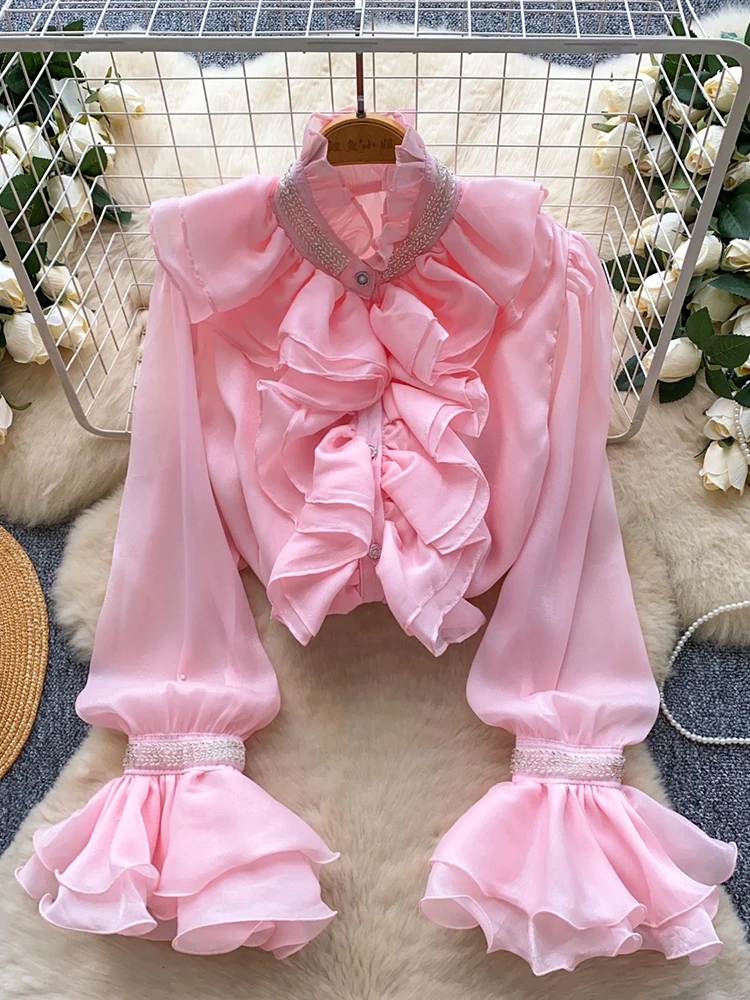 

Spring Autumn Women's Embroidered Bead Standing Collar Lotus Leaf Edge Chiffon Blouse Fashion Horn Sleeve Elegant Base Shirt W65