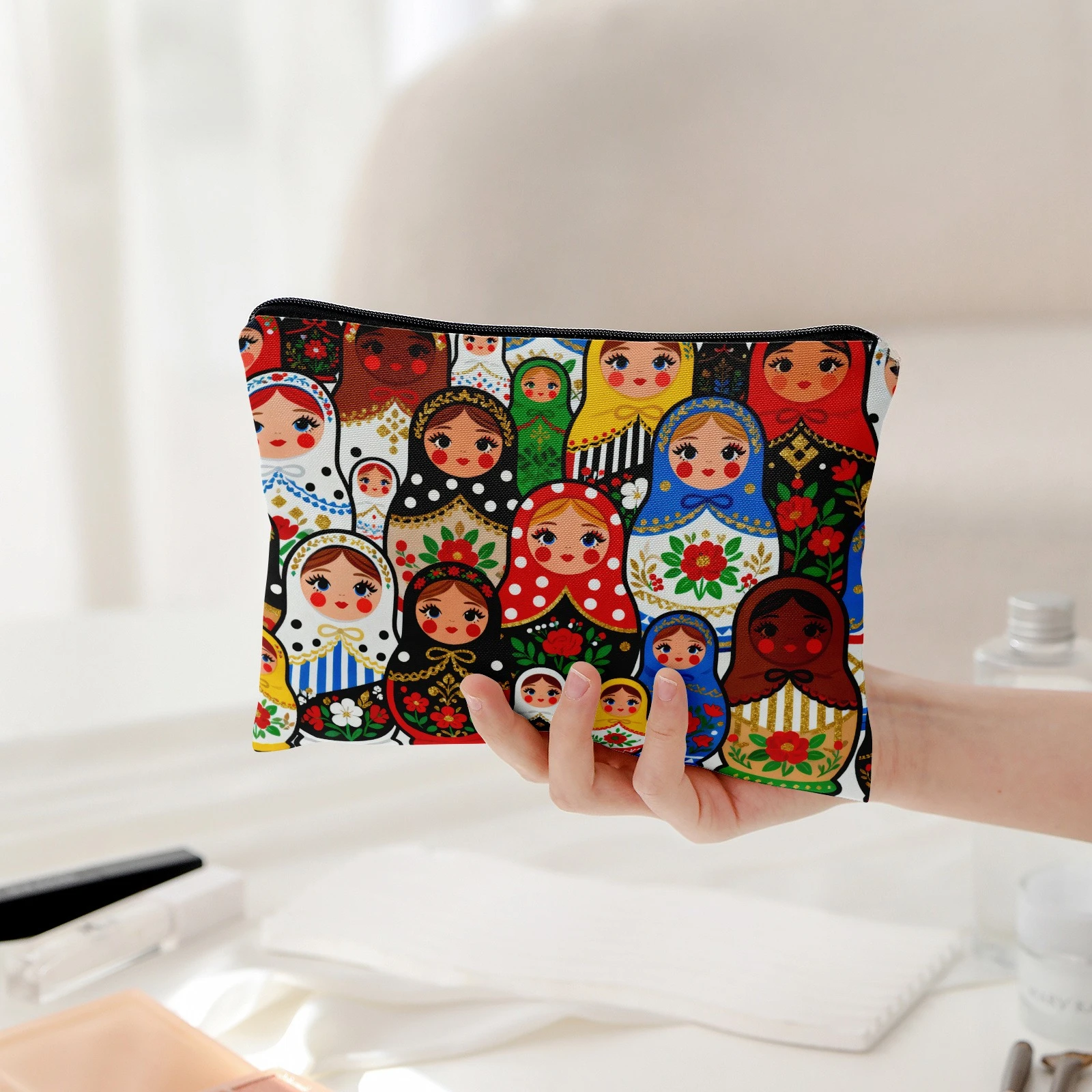 Colorful Russian Matryoshka Doll Double-Sided Print Lined Storage Bag, Traditional Folk Pattern Makeup Pouch