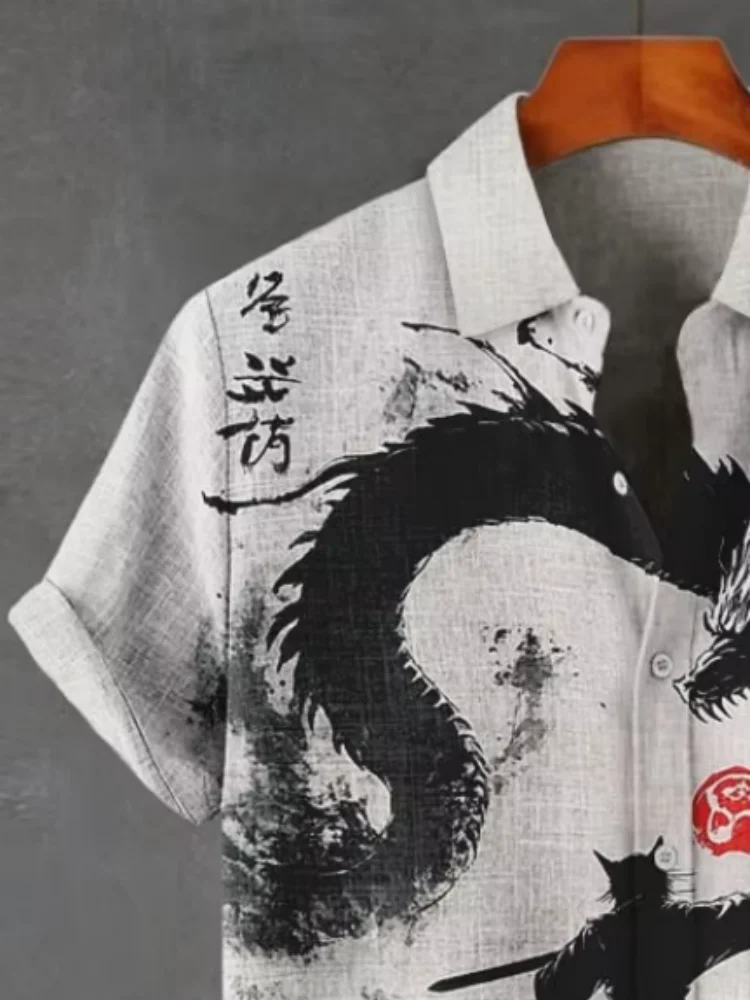 남성용 일본 미술 Bushido 셔츠 트로피컬 비치 셔츠 중국 드래곤 프린트 버튼 업 얇은 탑 홀리데이 반소매 블라우스