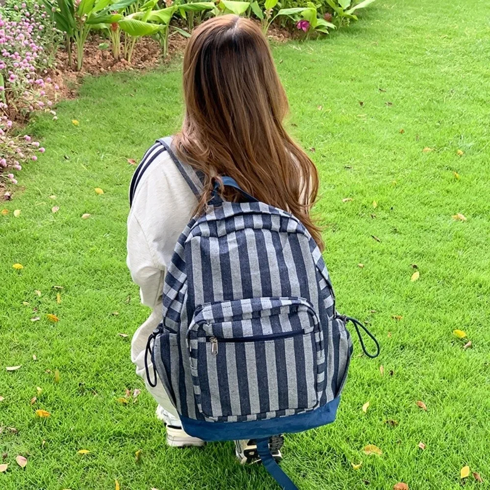 Korean Style Grey Stripes Backpack Lightweight Multi-pocket Star Printing Backpack Adjustable Straps Commuting