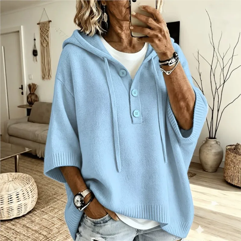Women Loose Knit Hoodie Tops Autumn New V Neck Half Sleeve Button Drawstring Hooded Sweater Casual Oversized Pullover Streetwear