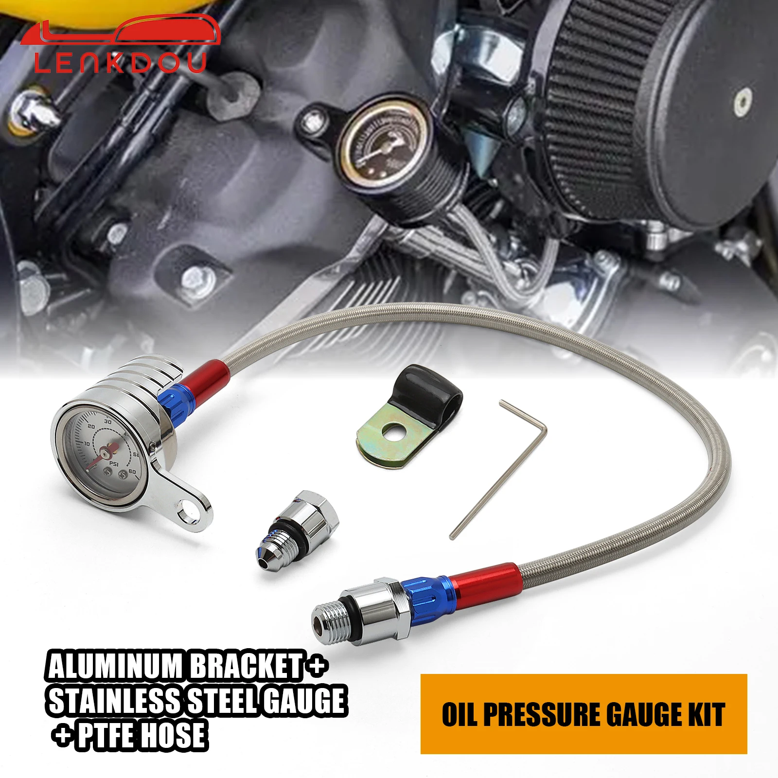 Oil Pressure Gauge for Harley Shovelhead EVO 1970-1999 Aluminum Bracket Stainless Steel PTFE Hose Fits Rocker Box