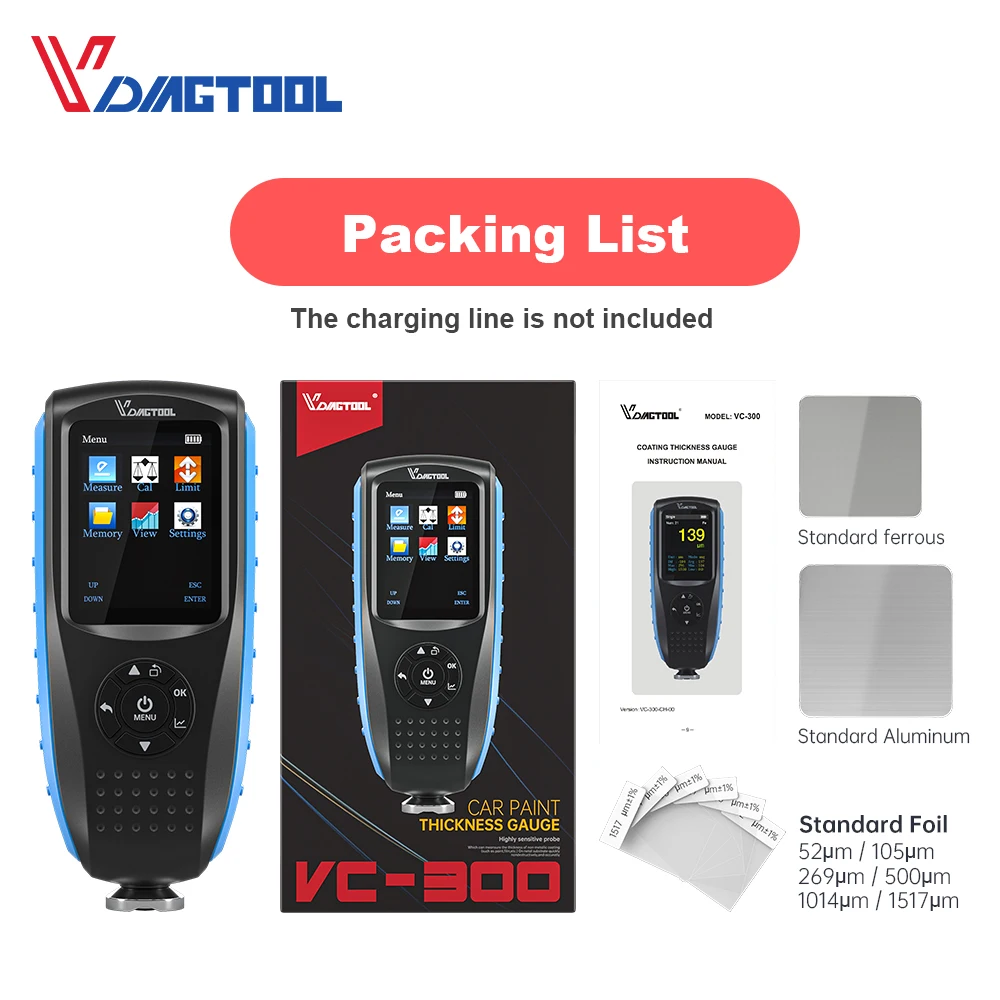 VDIAGTOOL VC300 Coating Thickness Gauge  0.1micron/0-1500 VC200 Car Paint Tester FE/NFE Measure Car Paint Film Thickness Tester