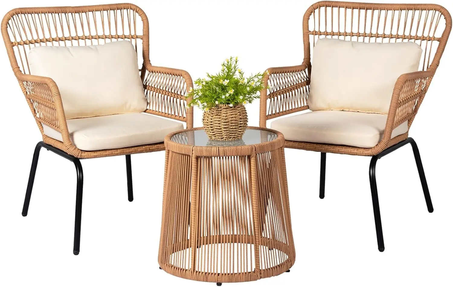 3 Piece Outdoor Wicker Furniture Bistro Set, Rattan Chairs Conversation Sets Porch Furniture, Wicker Patio Furniture for Balcony