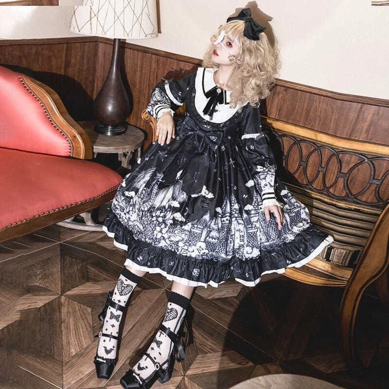 Plus Size 4XL 140kg Autumn Lolita Dress Women Long Sleeve High Waist Black Dark Dresse Butterfly Princess Print Dress