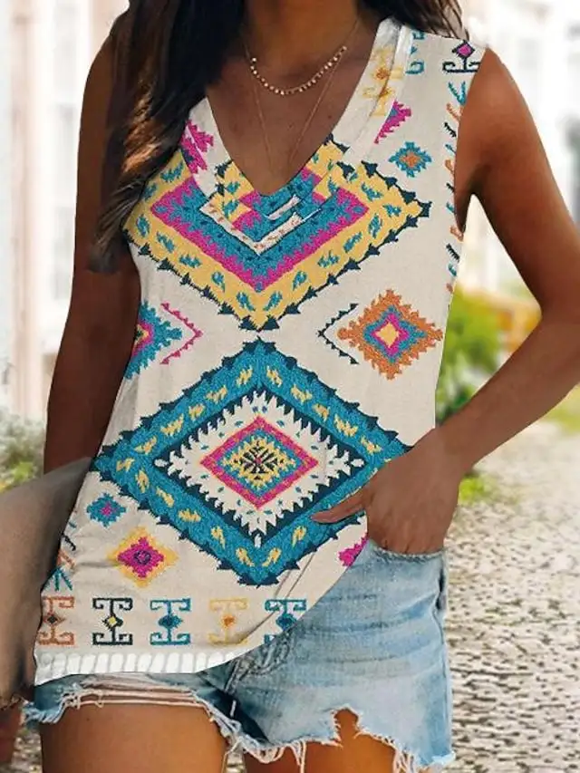 Letni styl etniczny podkoszulki z nadrukiem 3D kobiety w stylu Vintage Streetwear ponadgabarytowa kamizelka z dekoltem w kształcie litery V Off