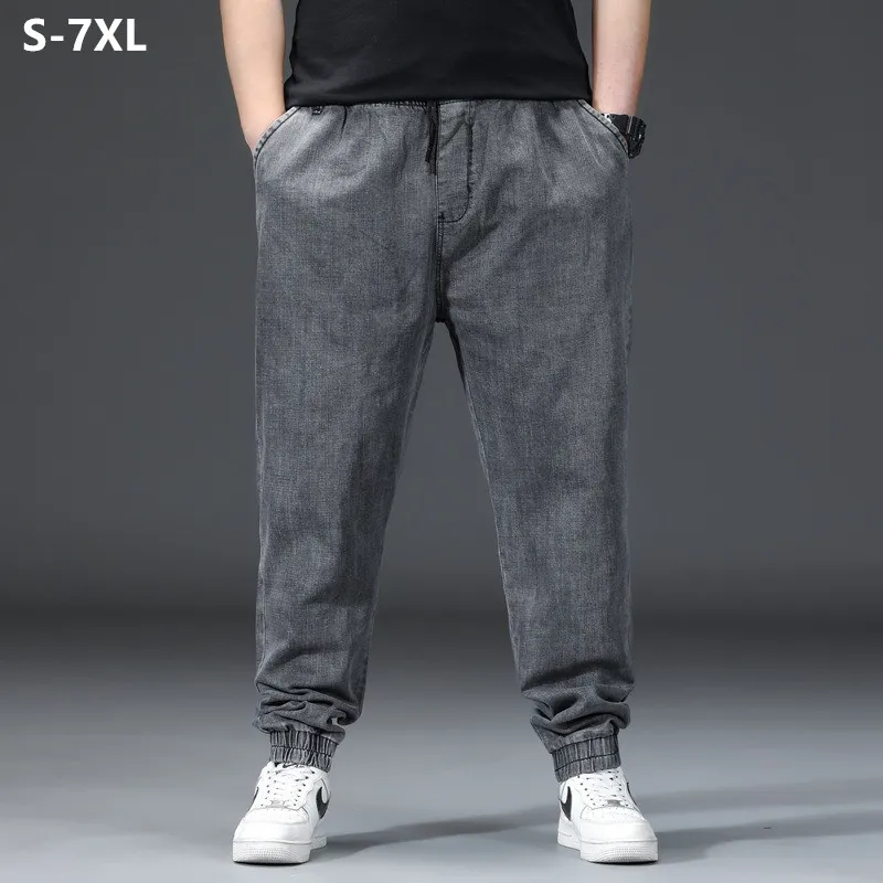 الخريف الرجال الجينز الكاحل طول ركض فضفاض حجم كبير 5XL 6XL 7XL الدنيم Sweatpants الذكور السراويل المتضخم سراويل جينز