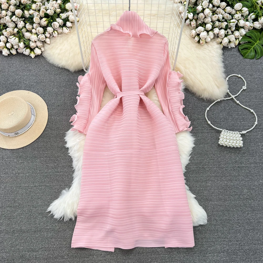 2024 Miyake Ruffled Spring summer New Long Sleeve High Elastic Dress V-neck Long Sleeve Women Korean Fashion Party Luxury Dress