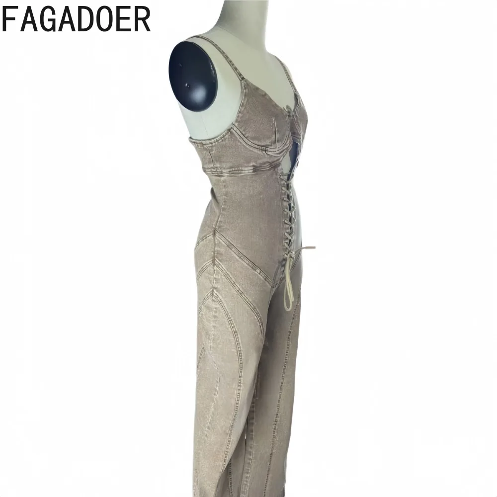 FAGADOER Vintage Washed Denim Bodycon Jumpsuits Hot Girl Sexy Cross Lace-up Bandage Hollow Out Spaghetti Strap Jean Rompers New