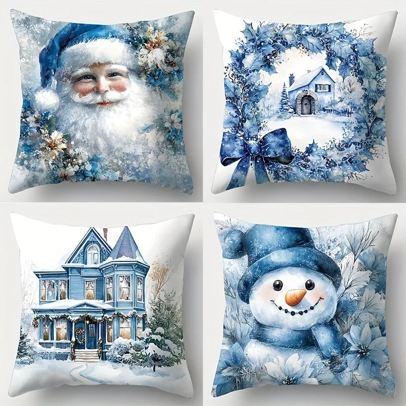 Festive Blue Christmas Print Throw Pillow Cover Home Decor Pillow Cover Bedroom Living Room Decor Polyester Cushion Cover