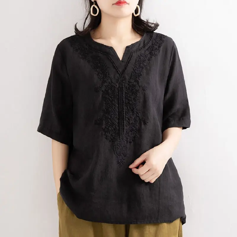 Women's Clothing Cotton Linen Shirt Summer New V-Neck Loose Fit Embroidered Short Sleeve Boho Chic Casual Trendy Top
