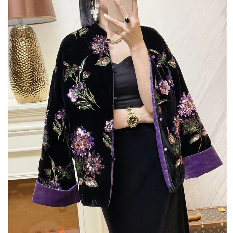 Winter New Silk + Velvet Coat New Chinese Style Embroidered +Beading Women's Color Blocking Purple Cuffs Warm Cotton Jacket S-XL