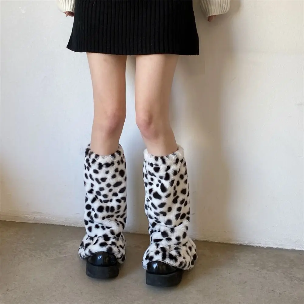 

Soft Leopard Print Winter Leg Warmers Dot Stripe Pleated Plush Leg Coverings Y2K Lolita JK Long Stockings Streetwear