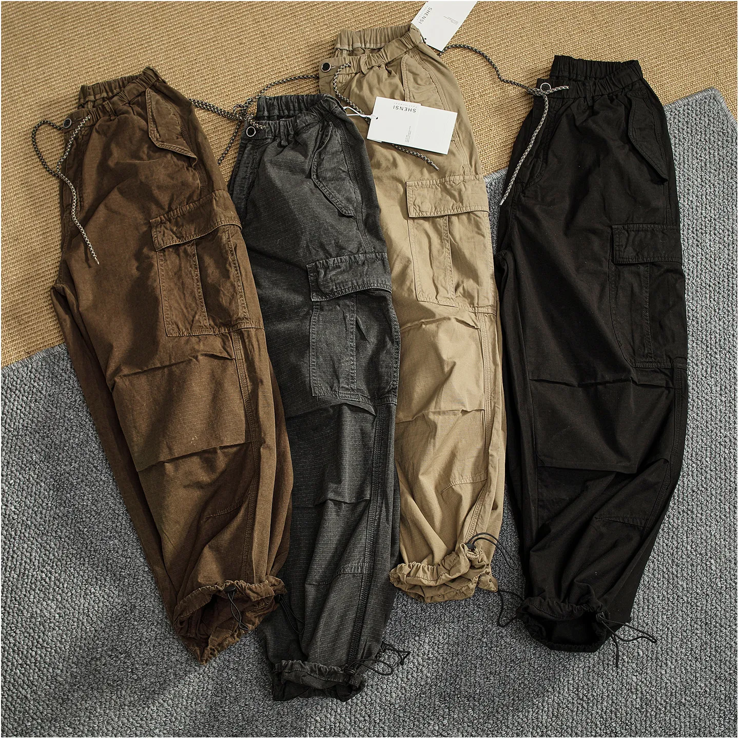 

Men's Vintage Washed Cargo Pants Drawstring Elastic Waist Multi Pocket Loose Straight Wide Leg Casual Streetwear Trousers