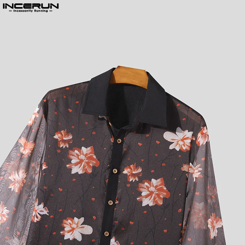 INCERUN-camisa de malla con estampado de flores para hombre, ropa de calle con solapa, 3/4 manga, transparente, informal, a la moda