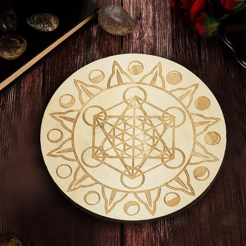 10cm Moon Phases Sun Laser Star Of David Hexagram Chakras Round Wood Plank Coasters Mats Yoga Orgonite Wiccan Board Props