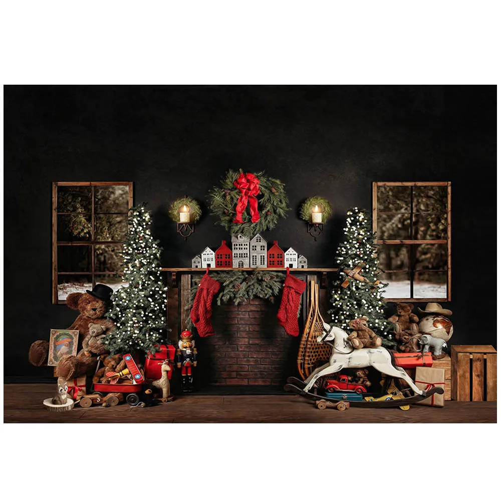 Mocsicka Baby Kids Photography Background Christmas Wreath Fireplace Black Wall Family Portrait Backdrop Photo Studio Photoshoot