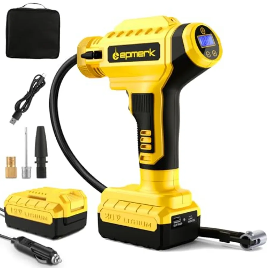 

Tire Inflator Cordless Air Pump with Pressure Gauge 150 PSI 20V 10000mAh Rechargeable Battery 12V DC 3M Car Charger Base