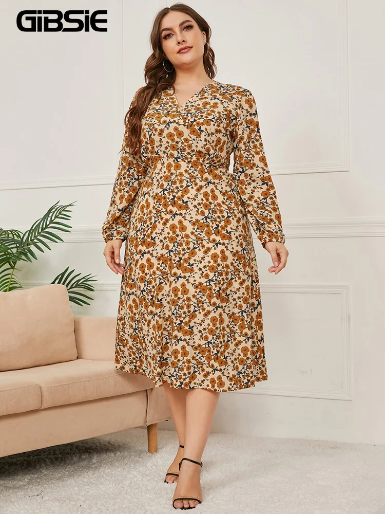 GIBSIE Surplice Neck Tie High Waist Print Long Dress Women Plus Size Long Sleeve Vintage Elegant Boho A-line Dresses 2023 Autumn