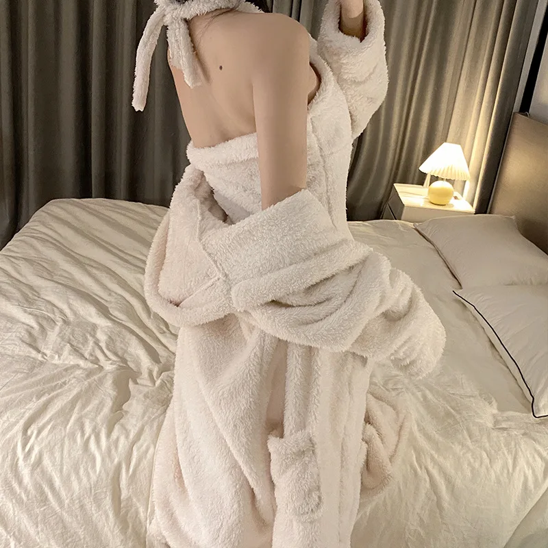 Women\'s Winter Sexy Bathrobe Set Coral Velvet Warm Ladies Dressing Gown 2 Pcs Set Long Sleeve Lace Up Backless Nightwear Female