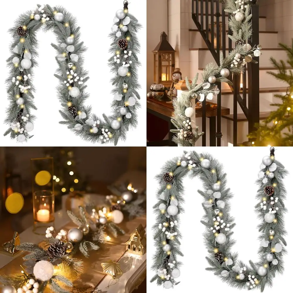 

9ft Pre-lit Christmas Garland with Silvery Blue Balls, Norfolk Pine, Ideal for Mantel, Fireplace, or Staircase Indoor Decor