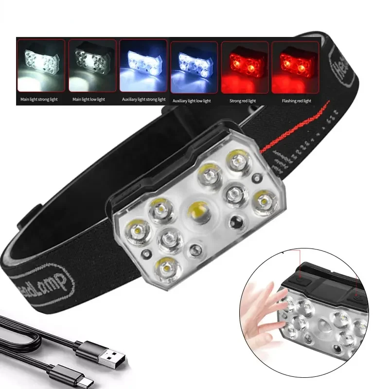 

9LED Motion sensing LED Headlamp Powerful Head Lamp with Type-C Rechargeable Outdoor Camping Headlight Flashlight Head Light