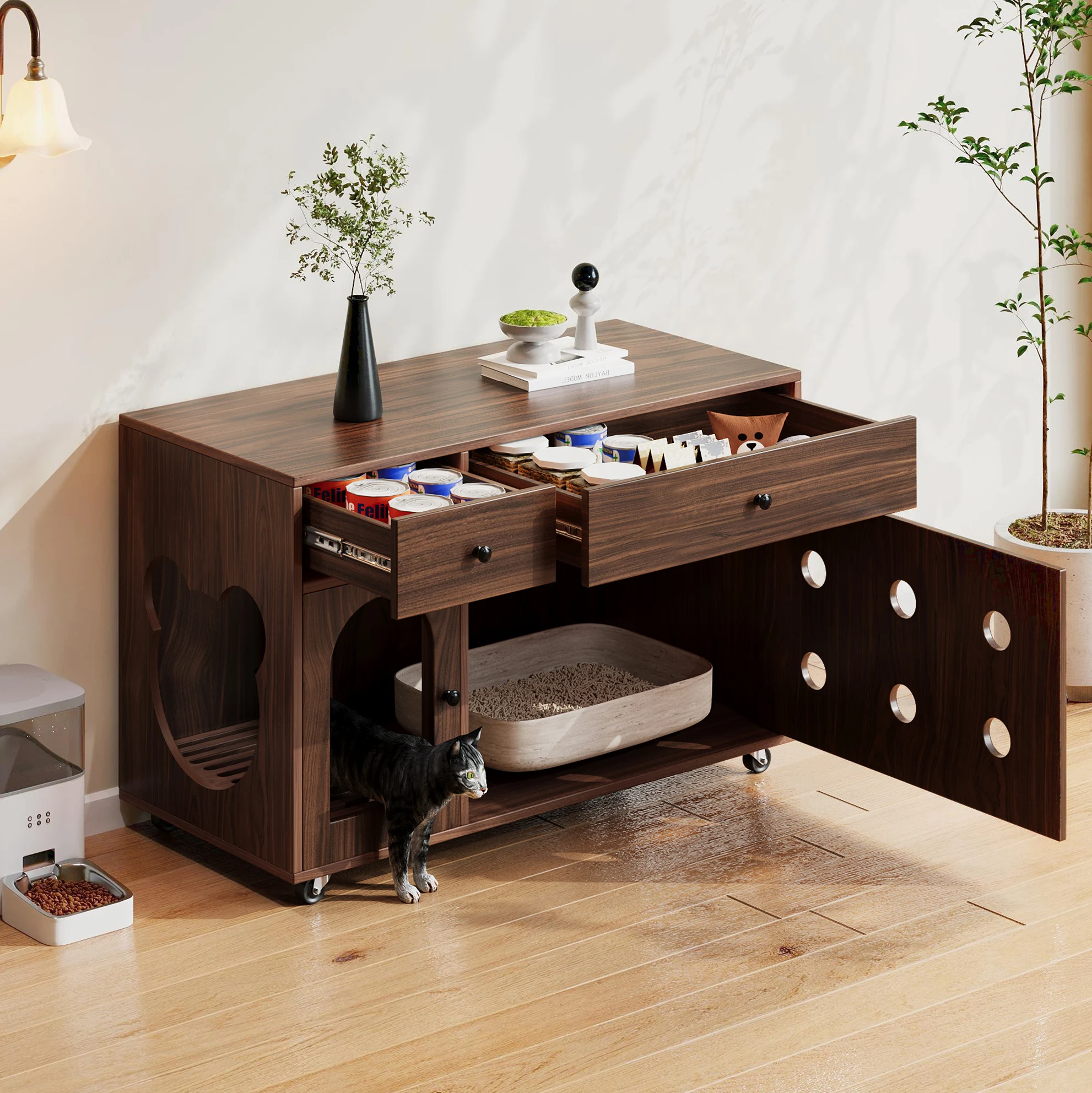 Kattenbakkast met uitneembare zandbak, walnoot afwerking, 100×45×66 cm, geventileerd en geurbestendig