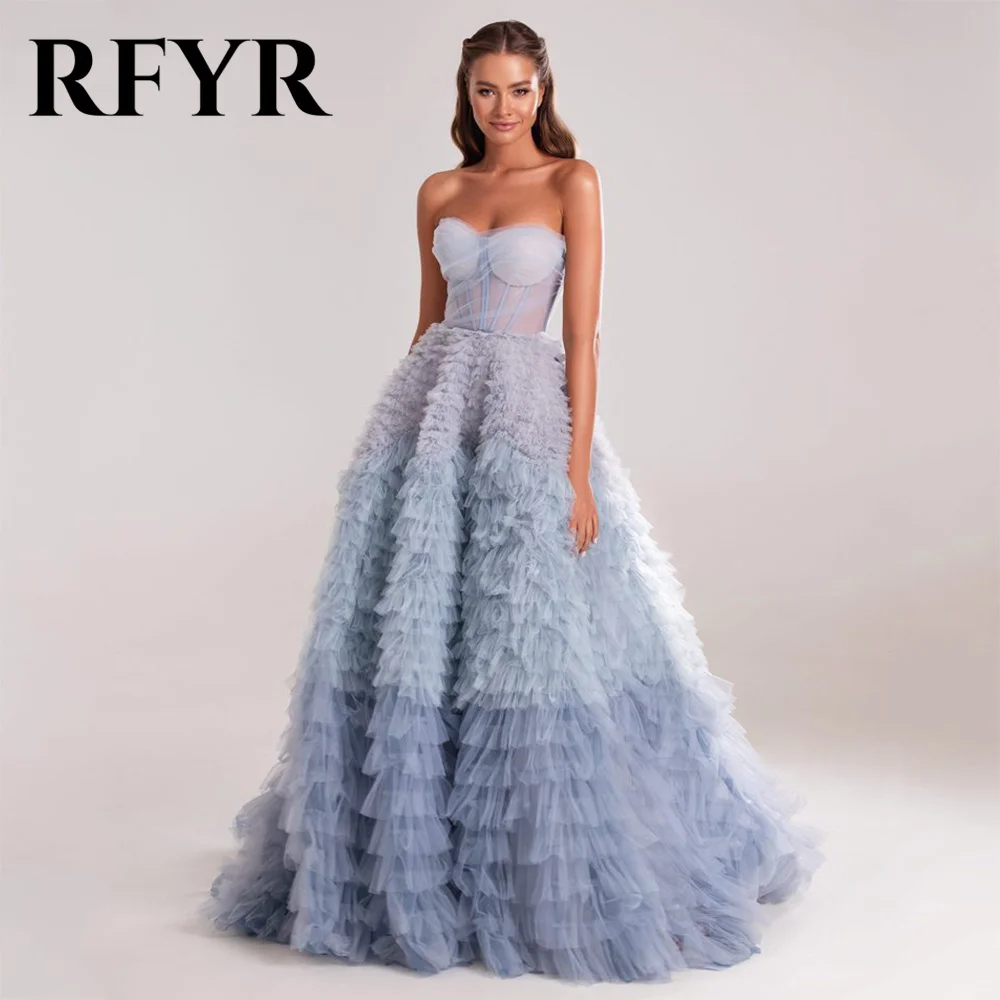 

RFYR Chic Blue Ombre Prom Dress Sweetheart Tiered Ruffles Evening Dress Layered Tulle فستان سهرة With Sheer Corset Party Dress