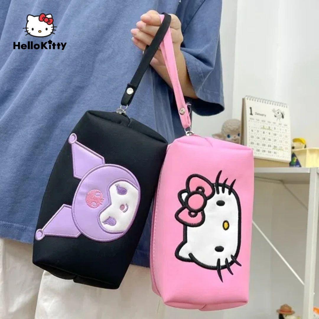 New Hello Kitty Embroidered Handheld Zipper Makeup Bag, Toilet Bag, Office Commuter Storage Bag, Cute Melody Kuromi Gifts