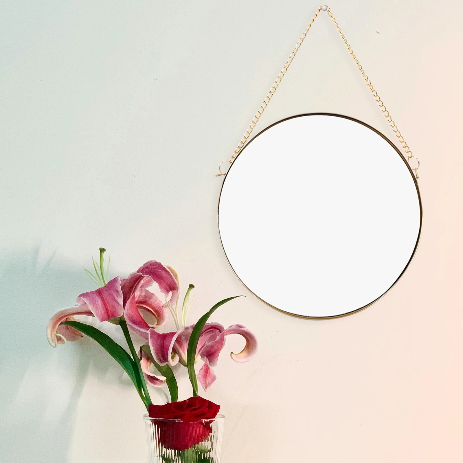 

Round Wall Mirror with Chain Hanging Small Iron Frame Glass for Bathroom Bedroom Living Room Dorm Makeup Vanity Decorative