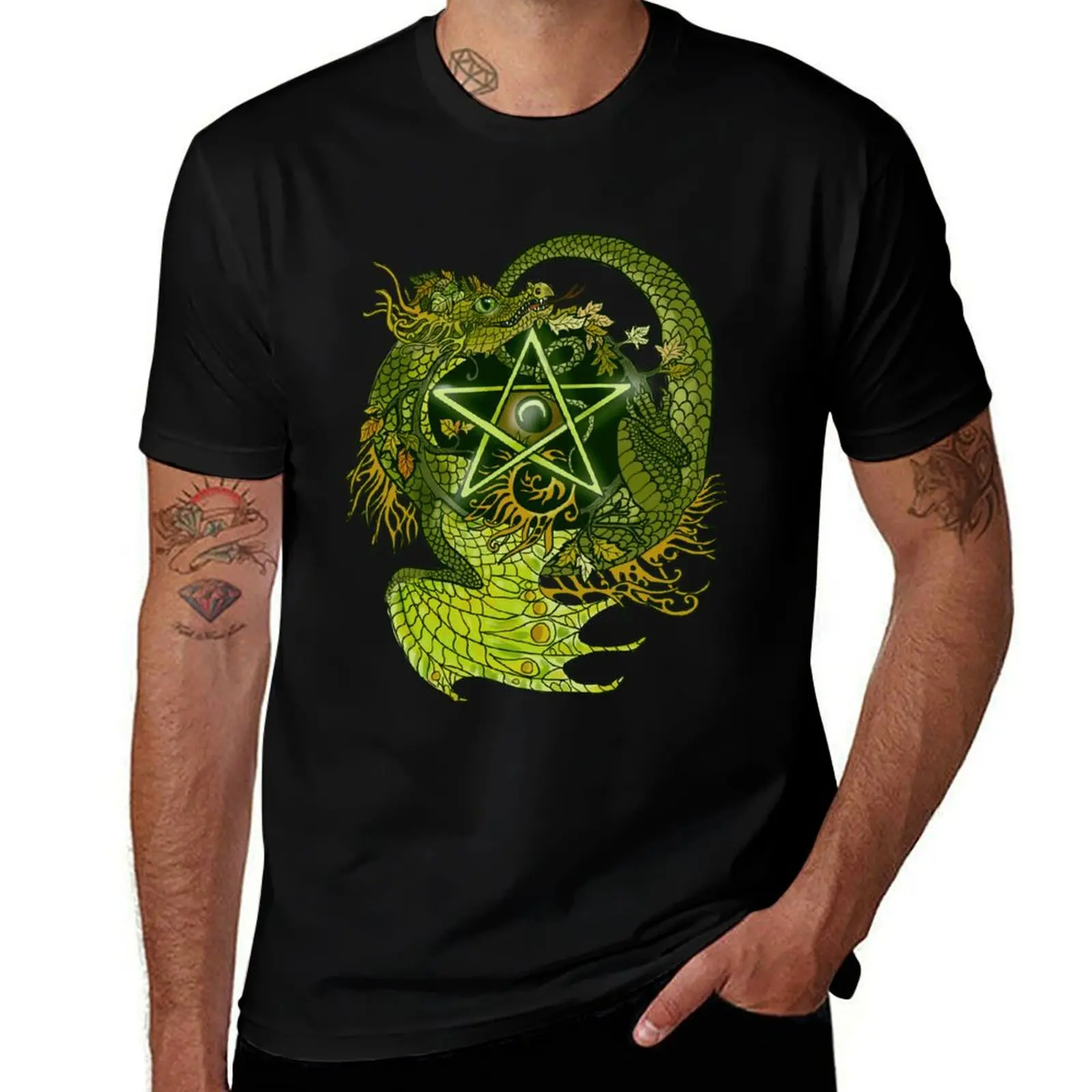 Pentagram Dragon In Green T-Shirt Gym Wear Breathable Short Sleeve Tee