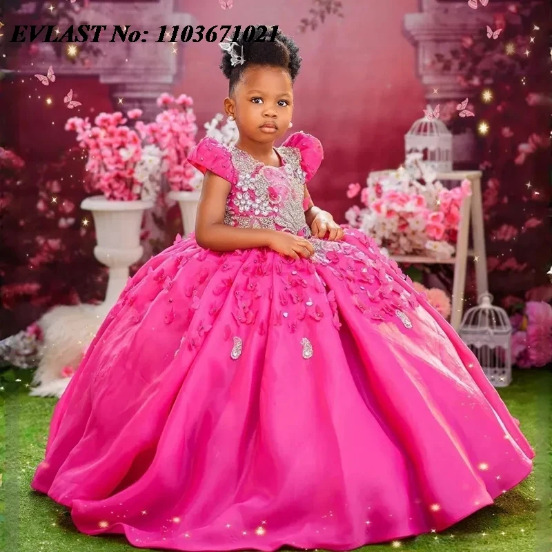 

EVLAST Customized Fuchsia Flower Girl Dress Children Ball Gown Beaded Crystals Tulle Tiered First Birthday Party Dress FD11