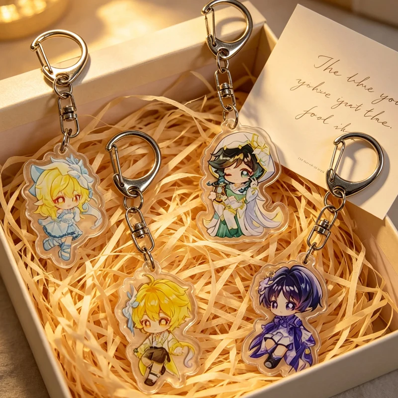 4Pc/Lot Kabukimono Vagrant Barbatos Venti Aether Lumine Chibi Acrylic Keychain Kawaii Anime Figure Backpack Zipper Charm Pendant