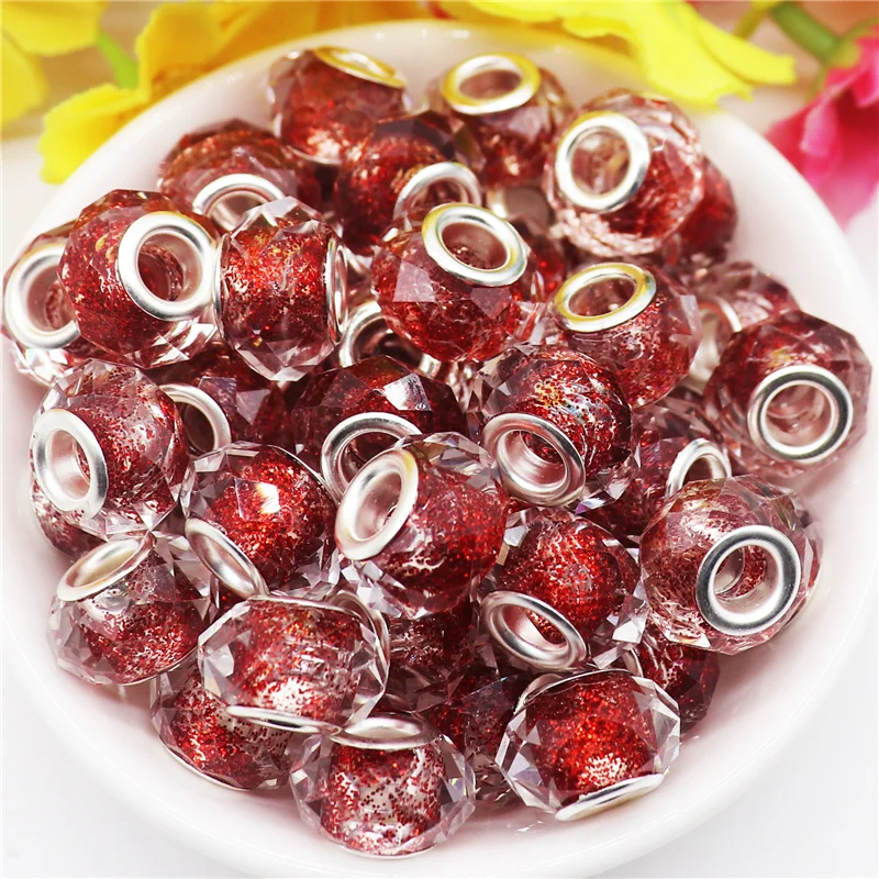 10Pcs 14x8mm Cut Facted Glass Beads Color Glitter Powder Large Hole Craft Beads Fit Pandora Bracelet DIY Jewelry Craft Making