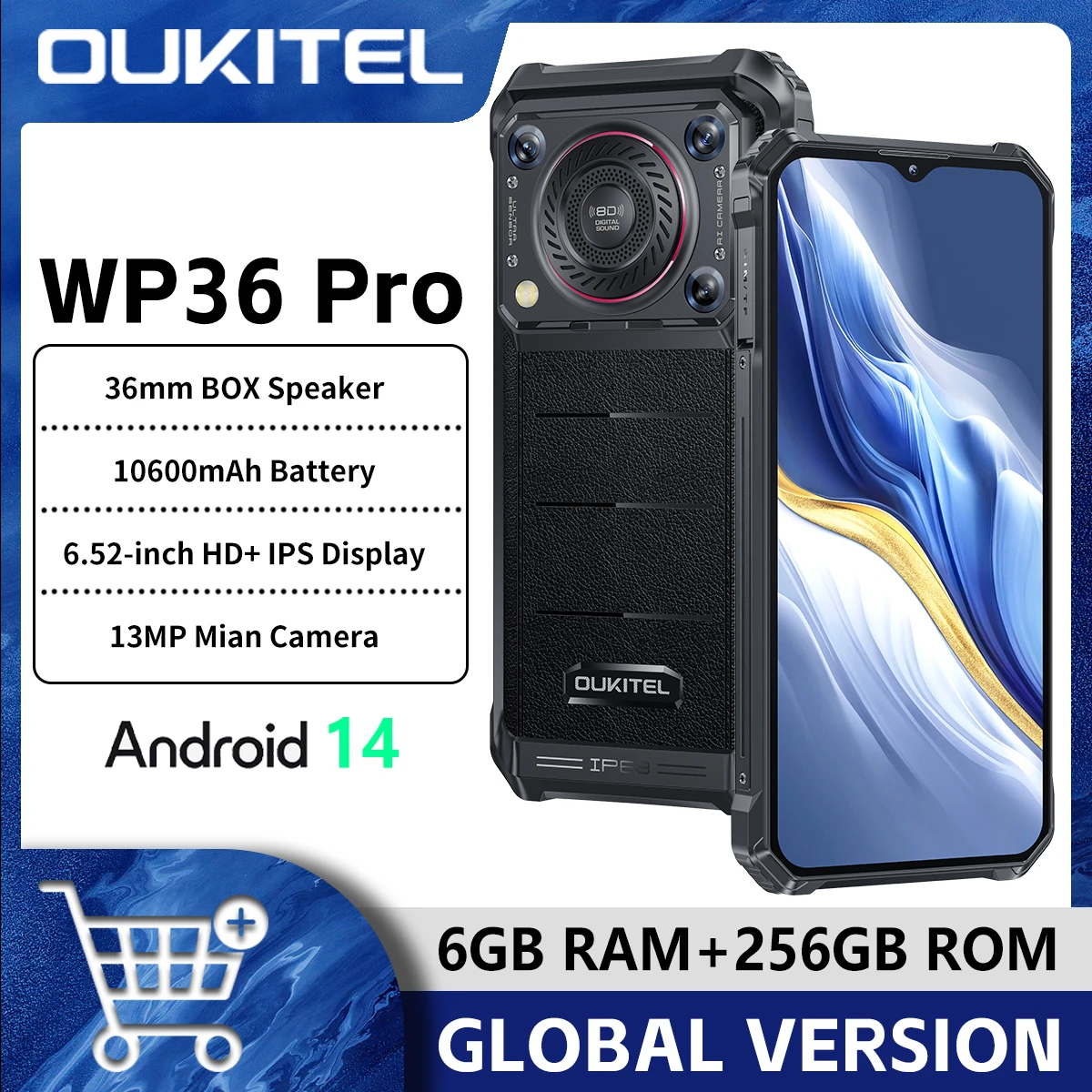 Global Version Oukitel WP36 Pro 4G Rugged Phone 36mm 128dB Speaker 10600mAh Battery 24GB+256GB 6.52-inch HD+ NFC Android 14