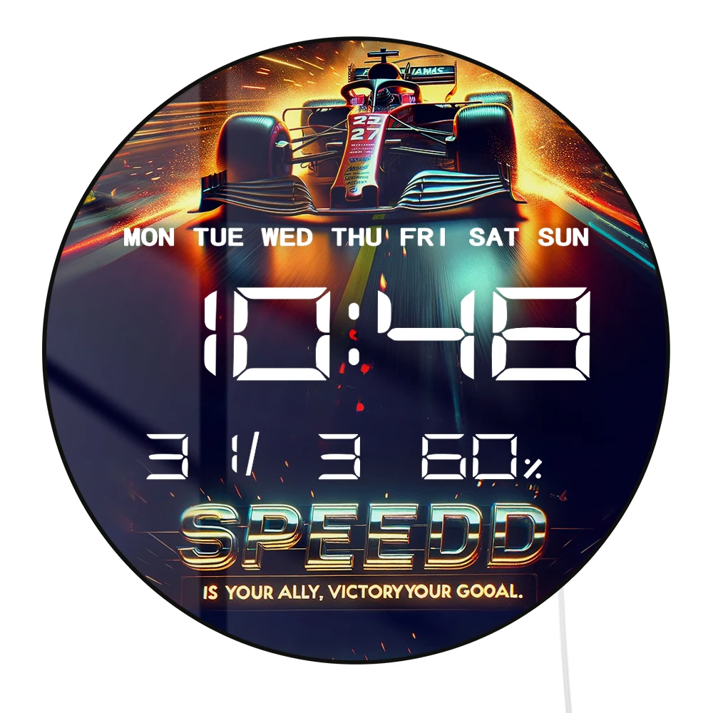 Speed Race Car Electronic Wall Clock Large Numeric LED Auto Dimming Display Temperature Humidity Date Calendar 12/24hr Format