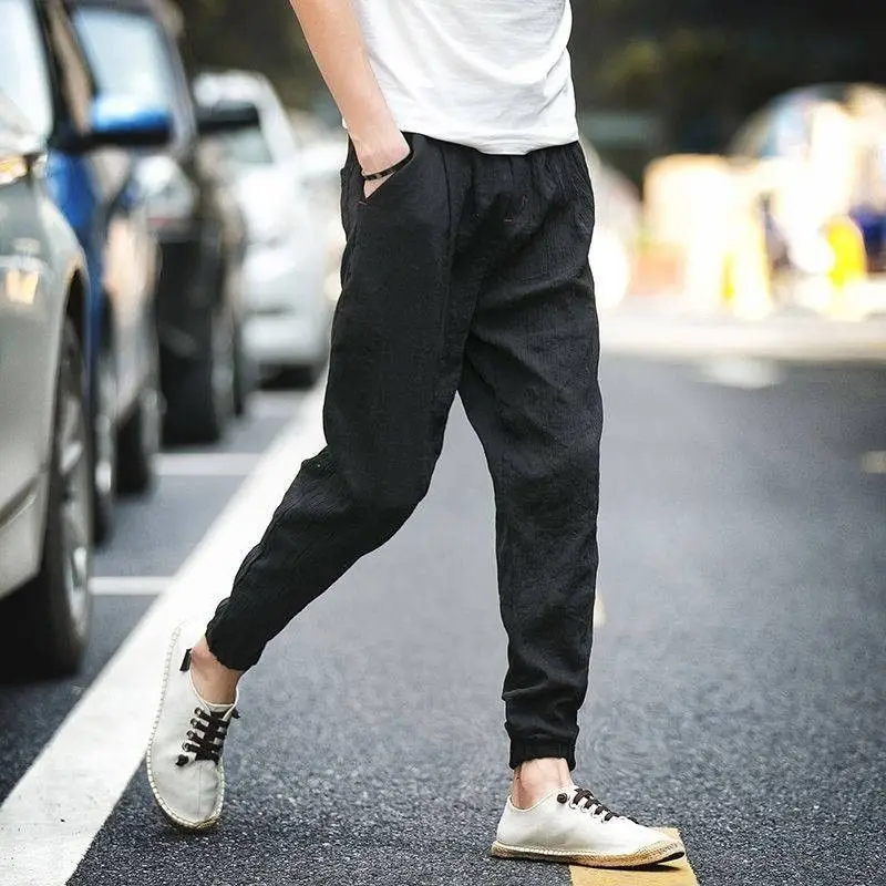 

Spring Autumn New Fashion Solid Color Cotton Hemp Men's Clothing Loose Pocket Elastic Waist Drawstring Bound Feet Casual Pants