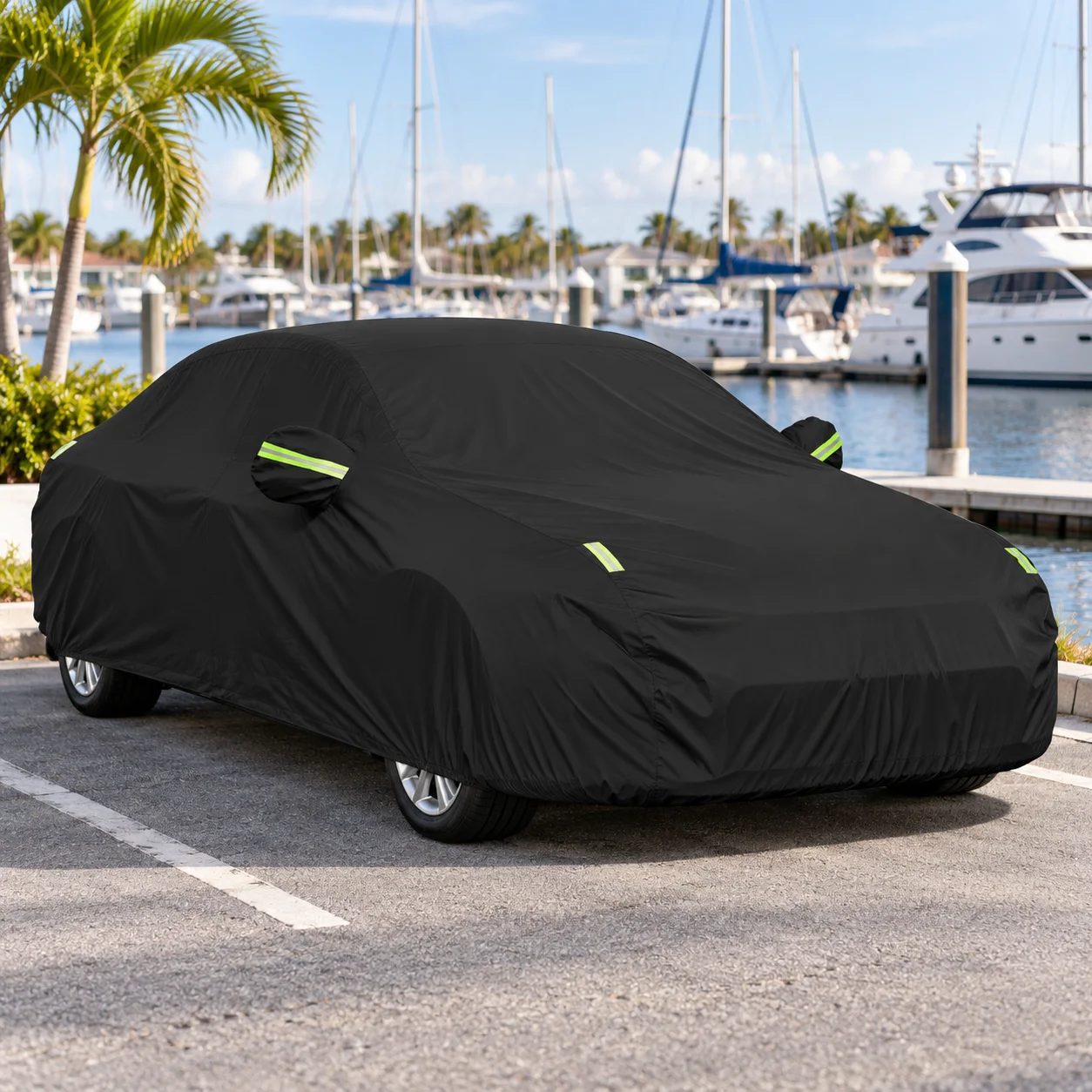 Black Full Car Cover with Reflective Strips for Added Visibility while Shielding Hatchbacks Sedans and SUVs from Dust and Sun