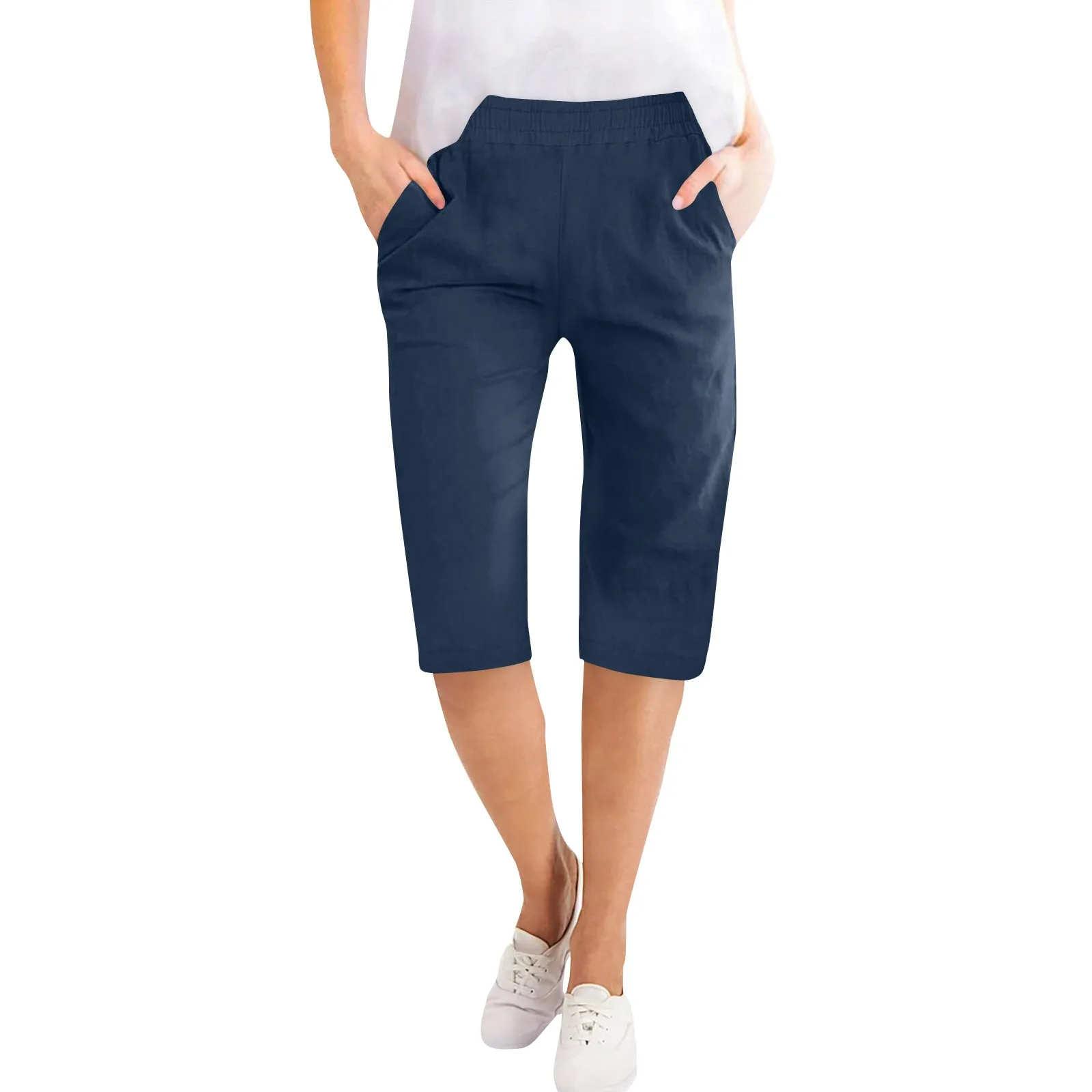 Womens Capris Cotton Linen Pants Drawstring Elastic Waist Pants Casual Cropped Trousers Daily Breeches Five Half Pants Pantalone