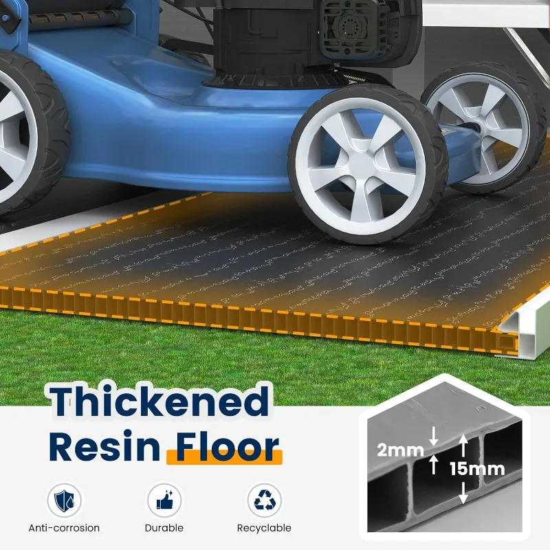سقيفة حديقة من الراتنج مقاس 10 × 8 أقدام، تخزين خارجي مع أرضية للأدوات والدراجة
