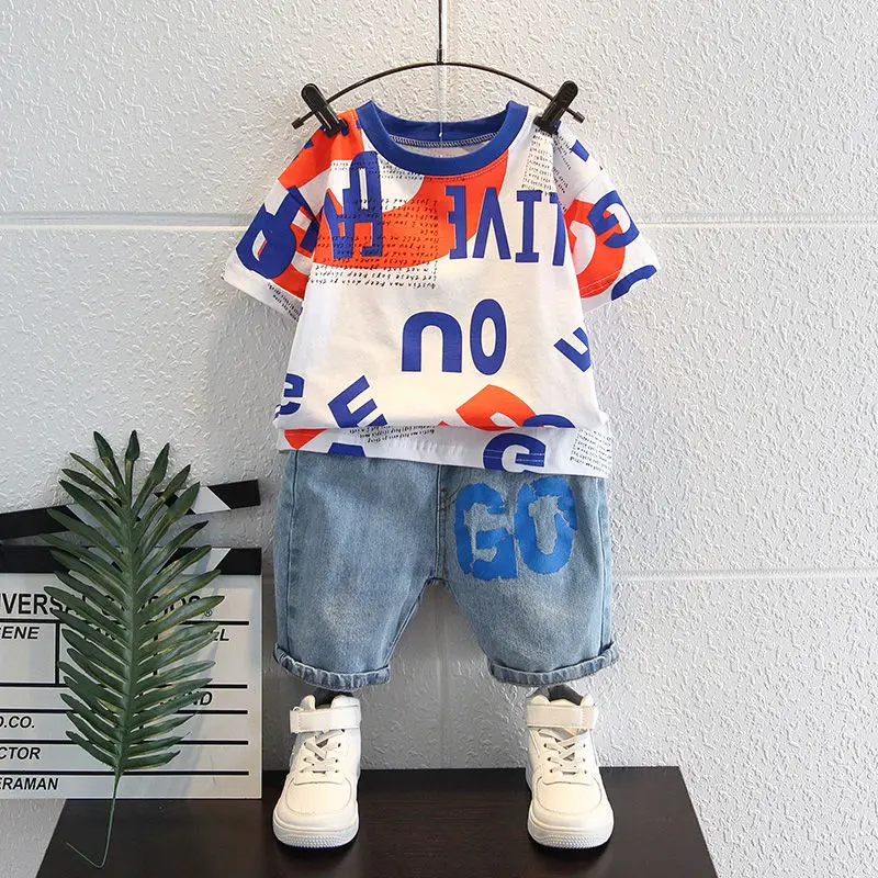 

Children's Summer Suit 2022 New Arrival Western Style Fried Street Short Sleeve T-shirt Boy Korean Style Denim Two-Piece Suit