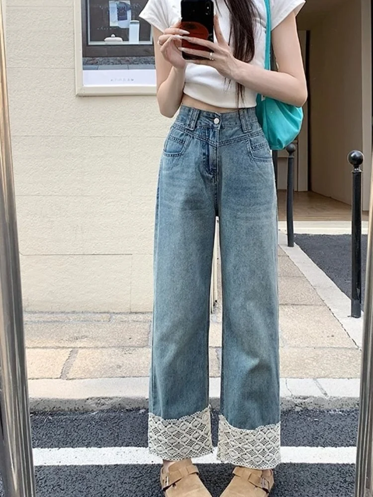 

plus Size Lace Trimmed Wide Leg Jeans High Waist Slimming Design Summer New Style Korean Style Straight Cut Commute Style