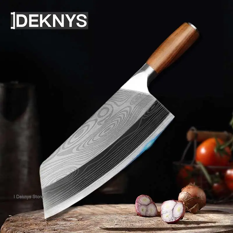 

Kitchen Butcher Knives Professional Cleaver Japanese Chef Knife Laser Damascus Stainless Steel Meat Cutting Wooden Handle Knife