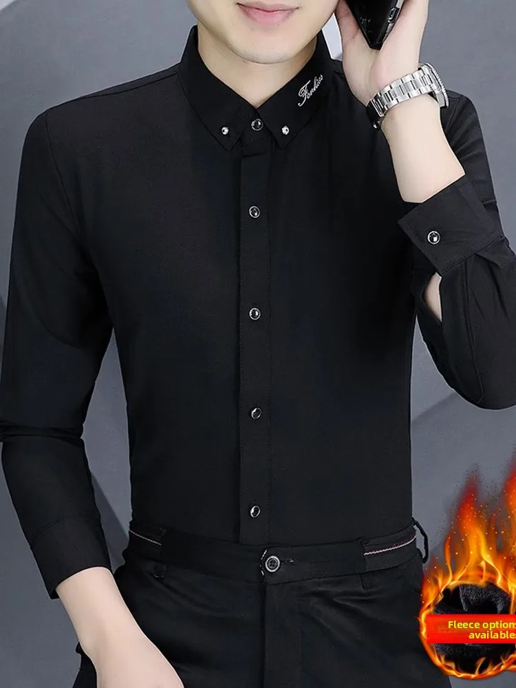 

Men's Busin Casual irt Spring Autumn Winter Embroidered Letter Fce Lined Slim Fit Button up Haome Color