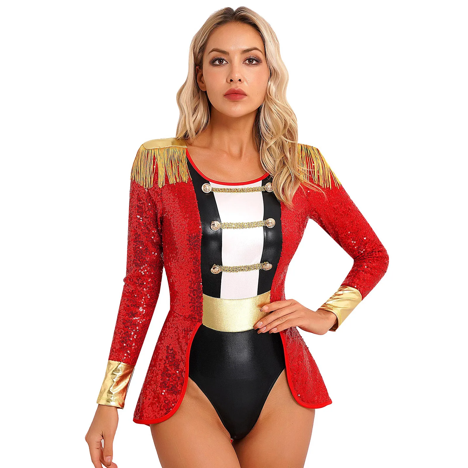 Frauen Rocked Trikot Bodysuit Overall Pailletten Schwanz Zirkus Ring master Cosplay Kostüm Langarm Weihnachten Karneval Halloween Outfit