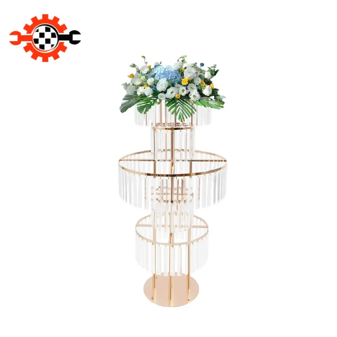 5-Tier Crystal Flower Stand Gold, Acrylic Beaded Wedding Centerpiece Tree with Round Base for Party Home Decor, Holds 17.6lbs