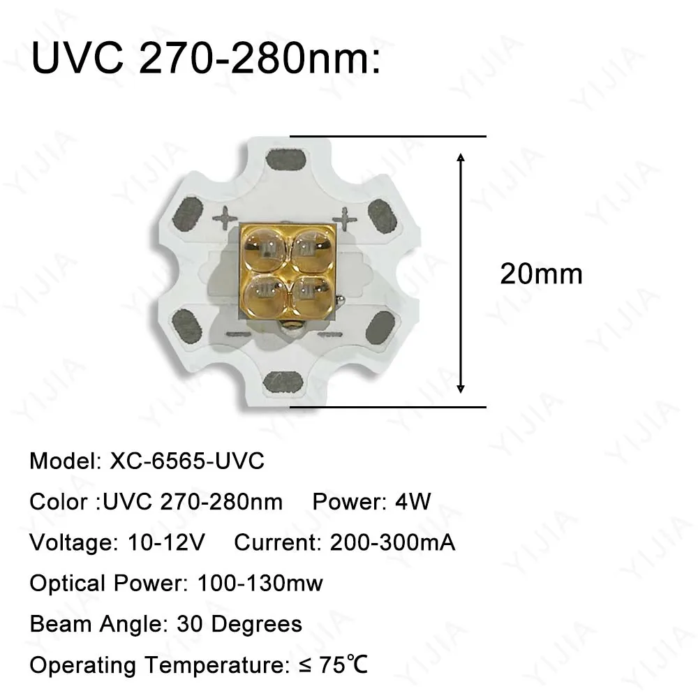 4W głęboki chip UV LED UVC 270nm 275nm 280nm dioda SMD6565 z 20mm płytką drukowaną lampa UV do dezynfekcji wirusów wody i powietrza